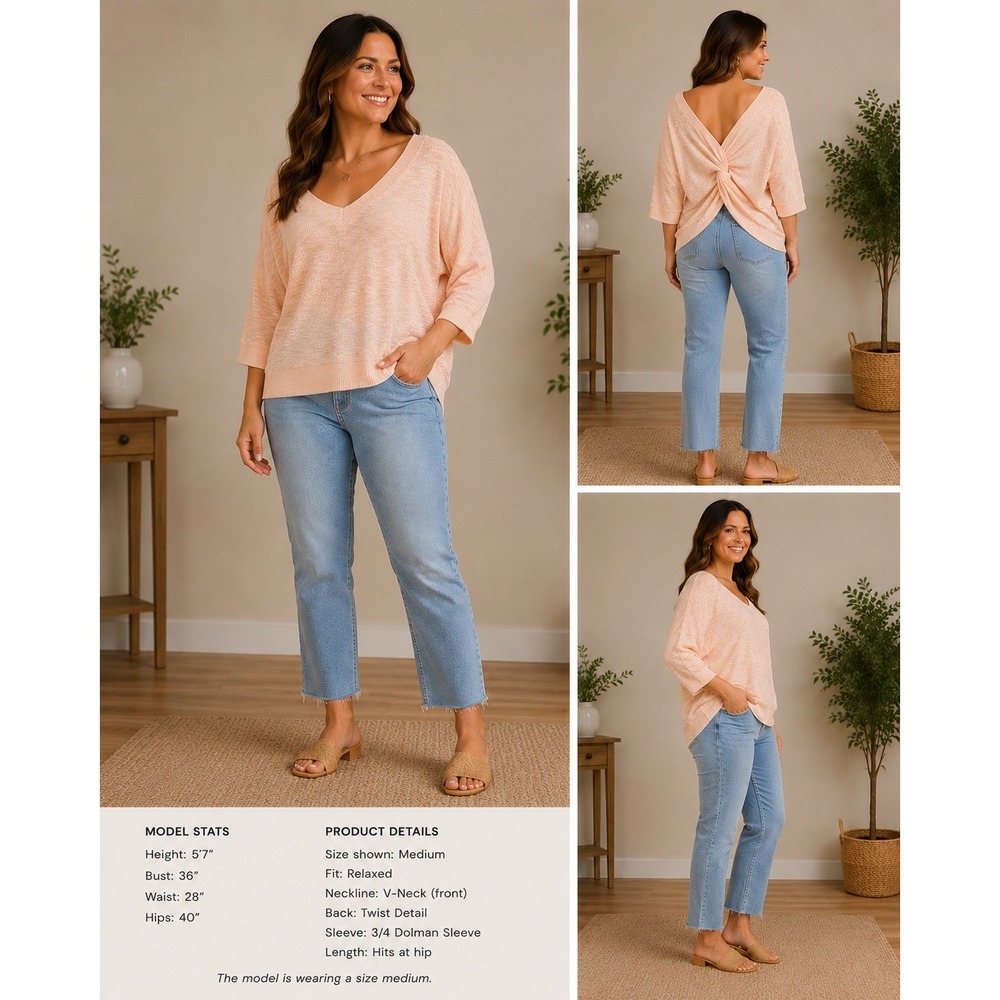 Express Sweater Women Med Soft Girl Twist Back V-Neck 3/4 Dolman Sleeve Knit Top